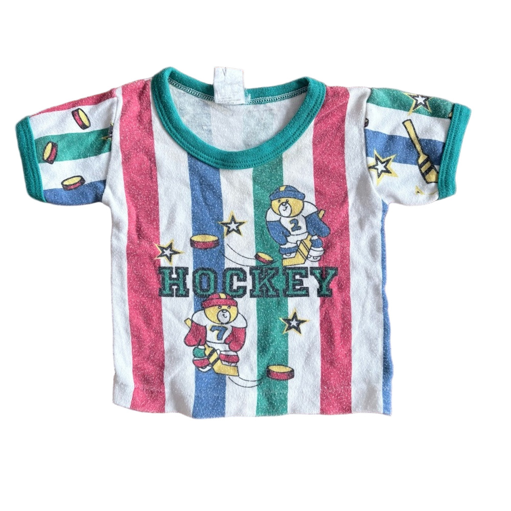 Vintage Kids Baby Teddy Bear Hockey Striped T-Shirt Size 3-6M